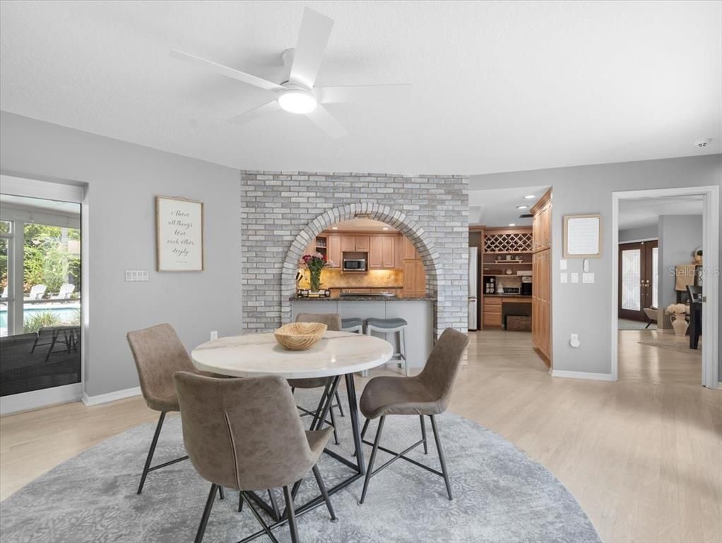 Dining room, Interior, Kitchen, Stainless Steel Appliances, Stone Walls, Wood Texture Flooring