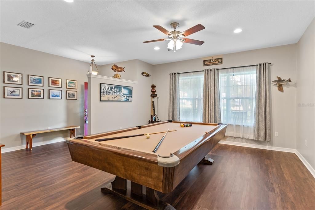 Billiard Table, Game Room, Interior, Pendant Lights, Recessed Lighting, Wood Texture Flooring