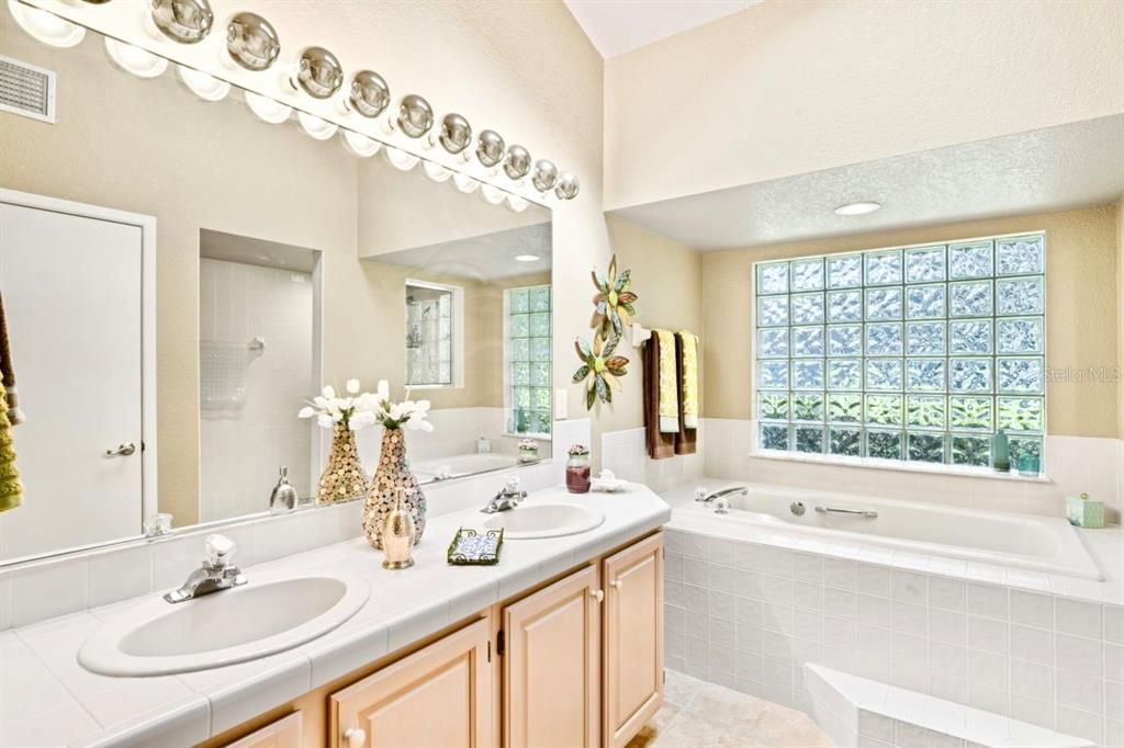Bathroom, Dual Sink Vanities, Interior, Recessed Lighting, Tile Countertops