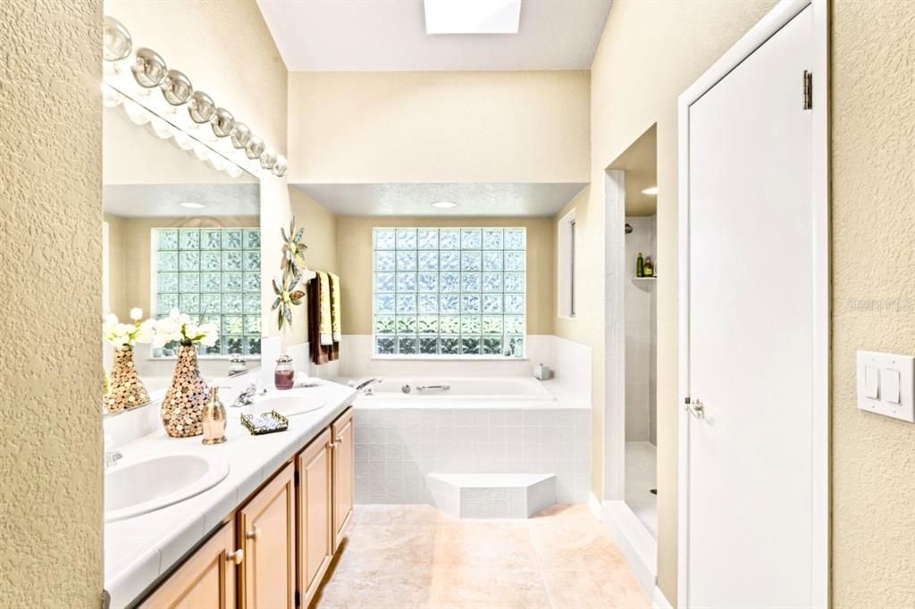 Bathroom, Dual Sink Vanities, Interior, Recessed Lighting, Tile Countertops
