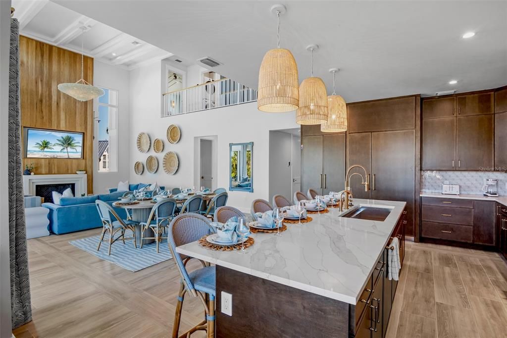 Dining room, Fireplace, Interior, Kitchen, Pendant Lights, Recessed Lighting, Wood Texture Flooring