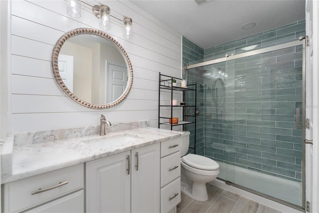 Bathroom, Glass Shower, Interior, Wood Texture Flooring