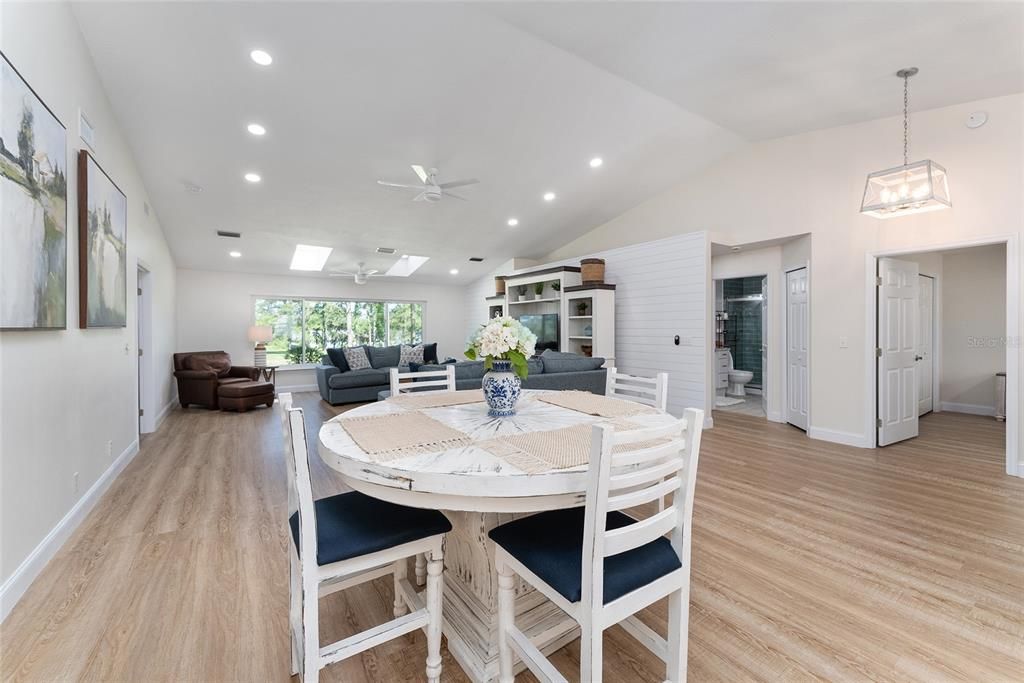 Dining room, Interior, Pendant Lights, Recessed Lighting, Wood Texture Flooring