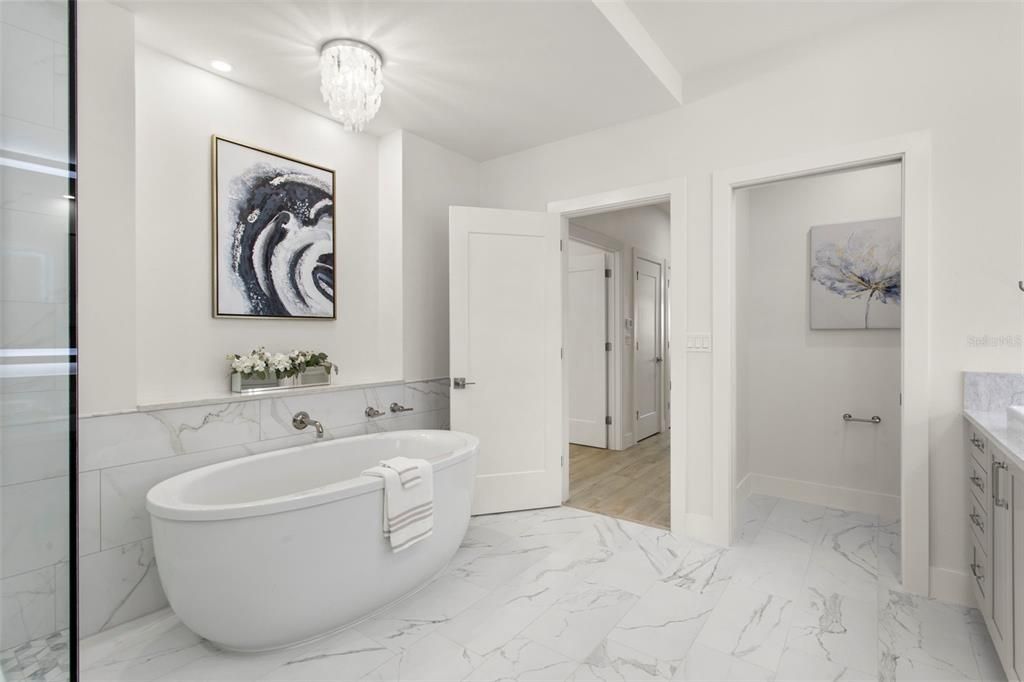 Bathroom, Chandelier, Free Standing Baths, Interior, Marble, Marble Walls, Recessed Lighting