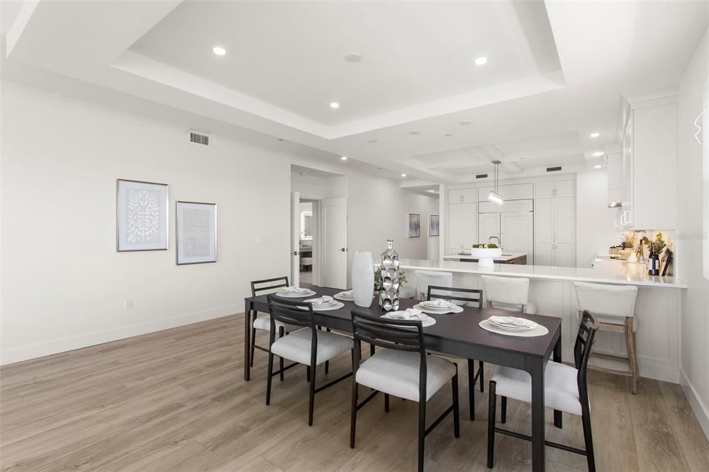 Dining room, Interior, Kitchen, Pendant Lights, Recessed Lighting, Wood Texture Flooring