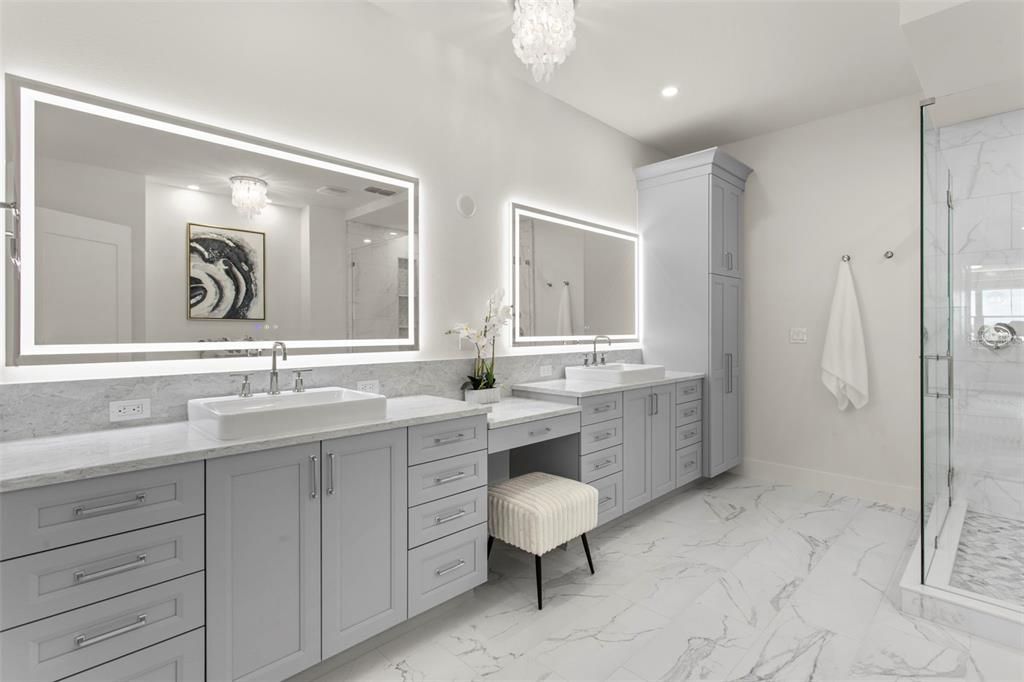 Bathroom, Chandelier, Dual Sink Vanities, Glass Shower, Interior, Marble, Recessed Lighting