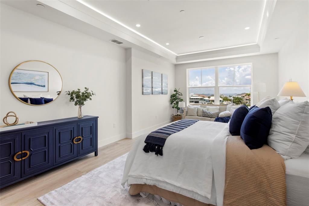 Bedroom, Interior, Recessed Lighting, Water, Wood Texture Flooring