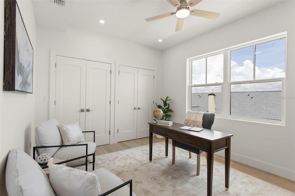 Home Office, Interior, Recessed Lighting, Wood Texture Flooring
