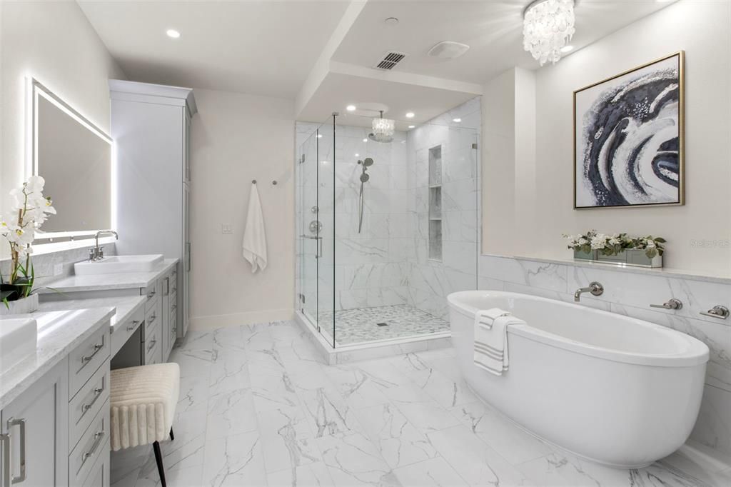Bathroom, Chandelier, Free Standing Baths, Glass Shower, Interior, Marble, Marble Walls, Recessed Lighting