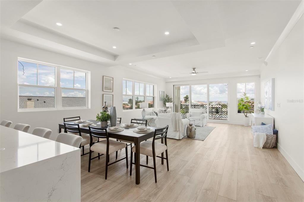 Dining room, Interior, Living room, Recessed Lighting, Wood Texture Flooring