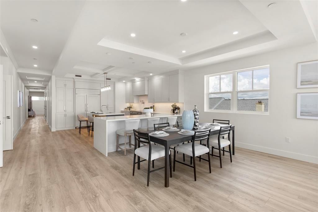 Dining room, Interior, Kitchen, Pendant Lights, Recessed Lighting, Wood Texture Flooring