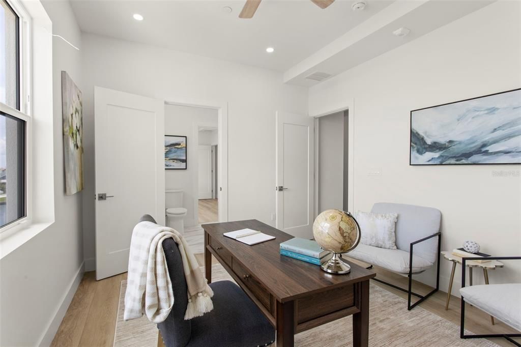Home Office, Interior, Recessed Lighting, Wood Texture Flooring