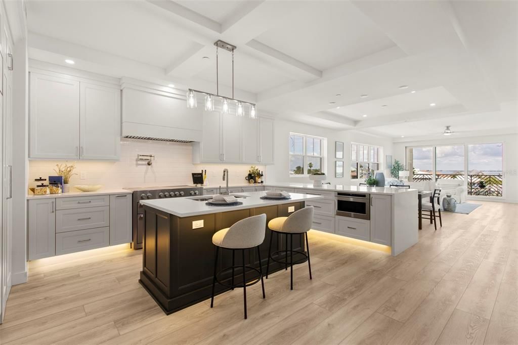 Dining room, Interior, Kitchen, Pendant Lights, Recessed Lighting, Wood Texture Flooring