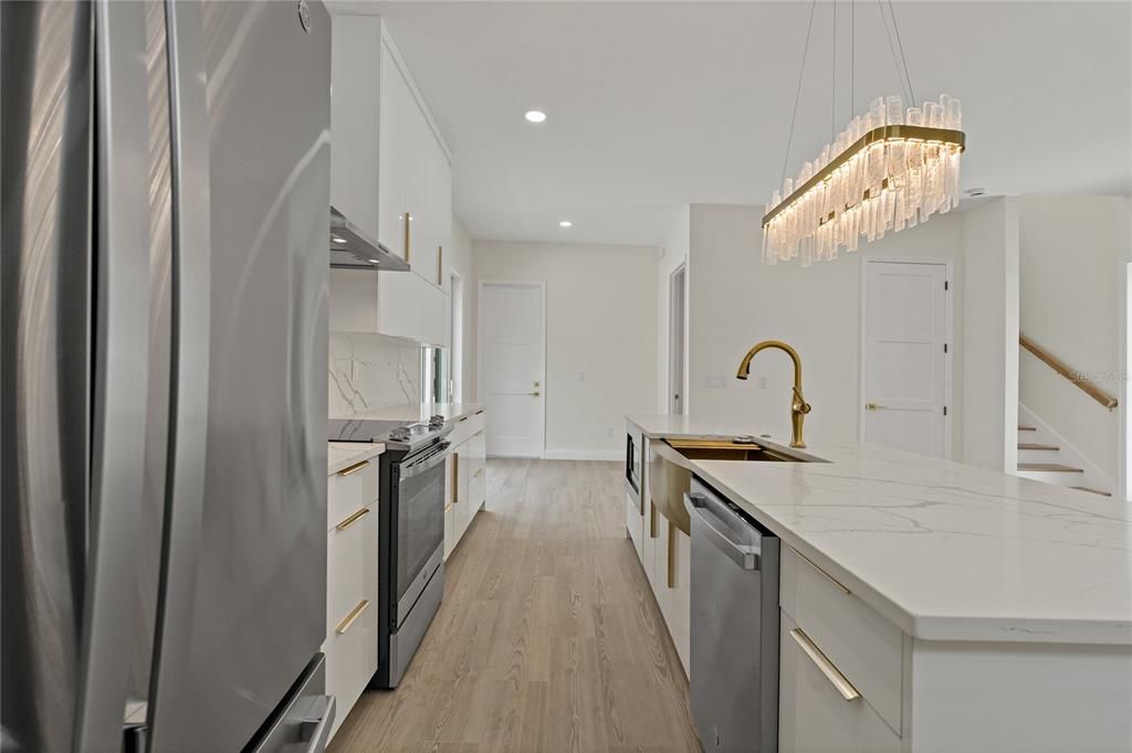 Chandelier, Interior, Kitchen, Recessed Lighting, Wood Texture Flooring