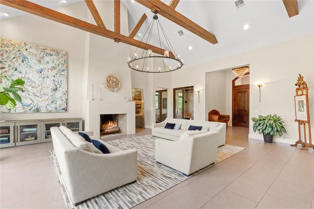 Fireplace, Interior, Living room, Pendant Lights, Recessed Lighting, Wooden Beams