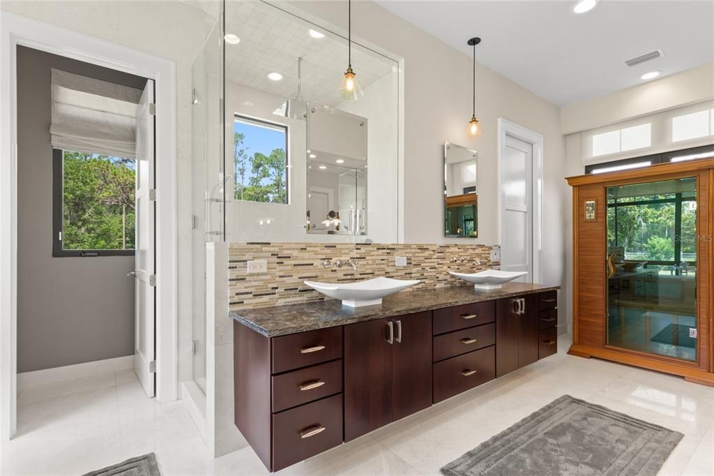 Bathroom, Dual Sink Vanities, Interior, Pendant Lights, Recessed Lighting