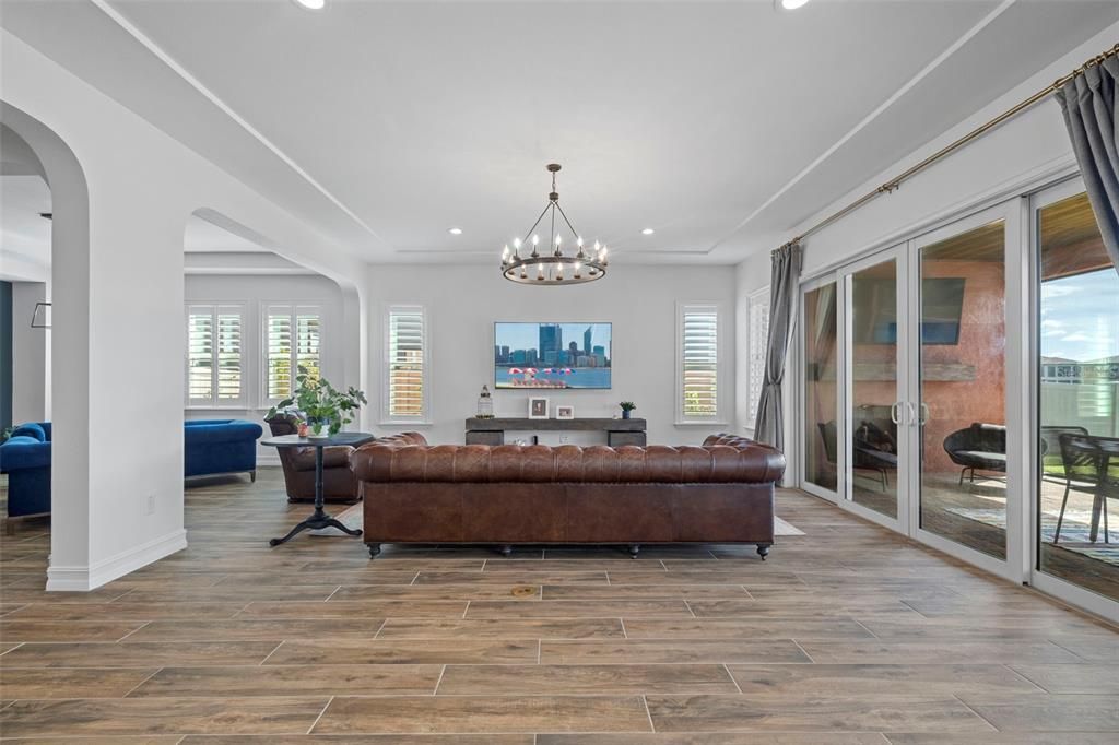 Chandelier, Interior, Living room, Recessed Lighting, Wood Texture Flooring