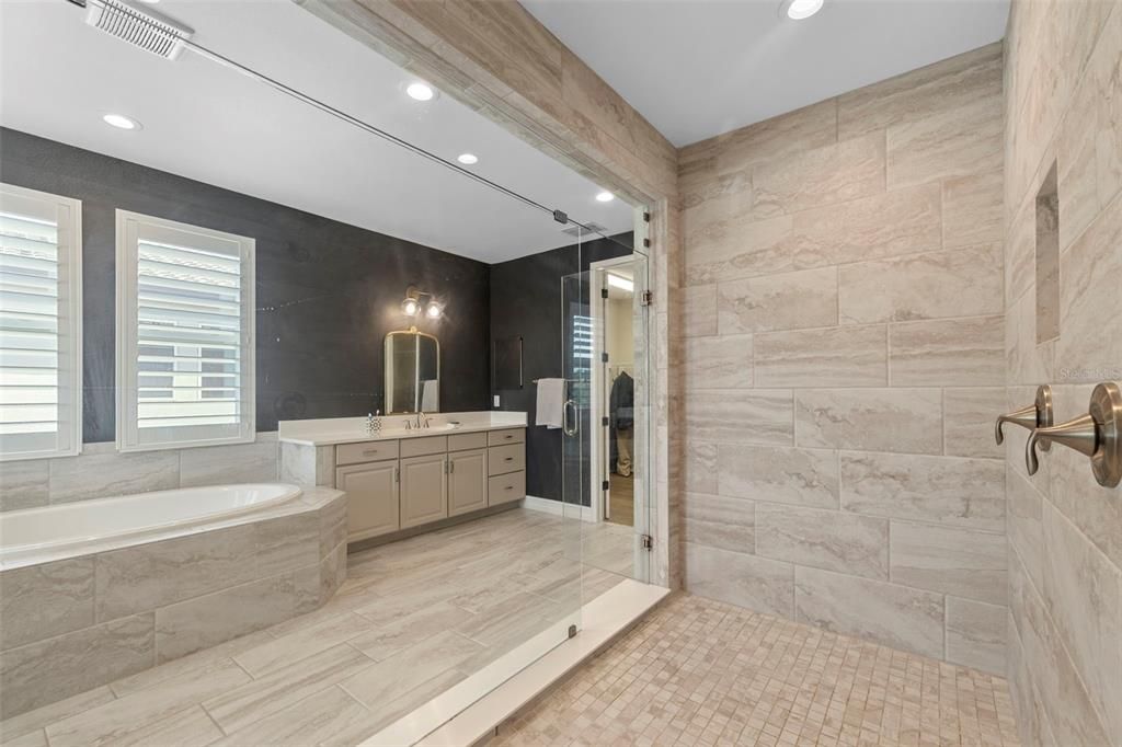 Bathroom, Dual Sink Vanities, Interior, Recessed Lighting, Wood Texture Flooring