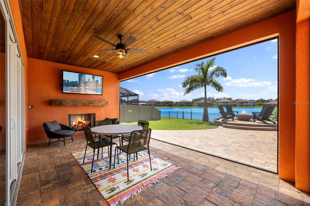 Exterior, Fireplace, Water, Wooden Ceilings