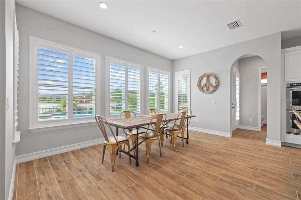 Dining room, Interior, Recessed Lighting, Wood Texture Flooring