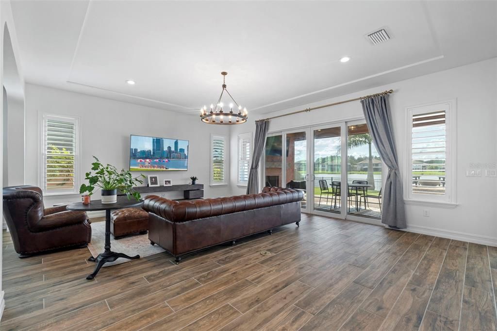 Chandelier, Interior, Living room, Recessed Lighting, Wood Texture Flooring