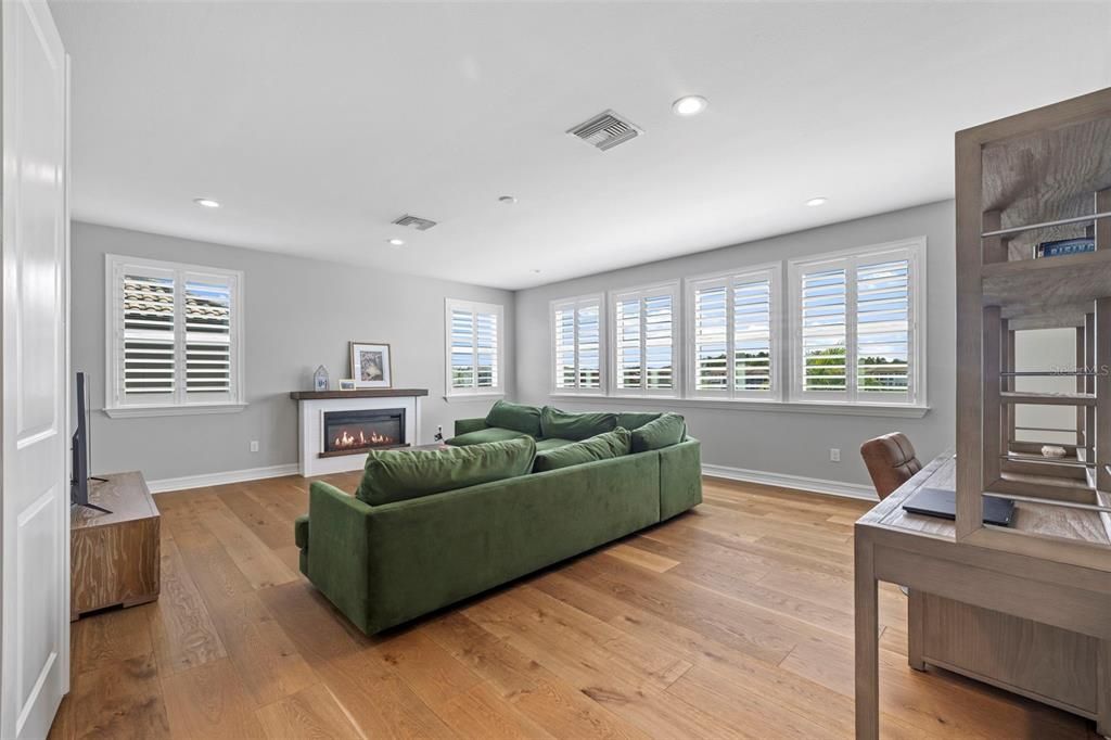Fireplace, Interior, Living room, Recessed Lighting, Wood Texture Flooring