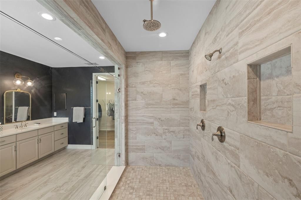Bathroom, Dual Sink Vanities, Glass Shower, Interior, Recessed Lighting, Wood Texture Flooring