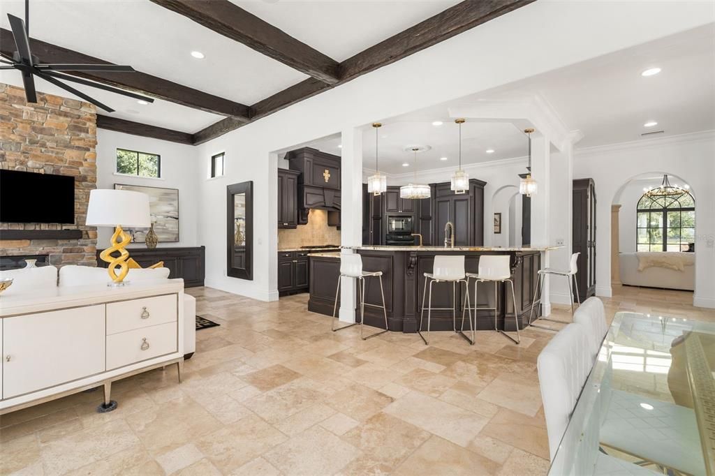 Interior, Kitchen, Pendant Lights, Recessed Lighting, Wooden Beams