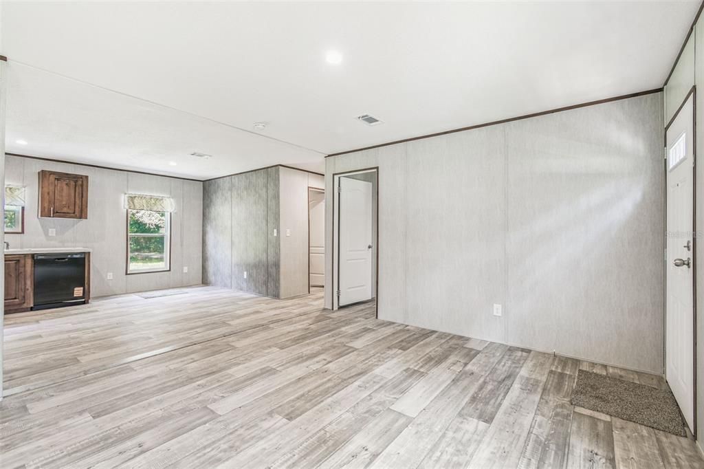Empty room, Fireplace, Interior, Recessed Lighting, Wood Texture Flooring