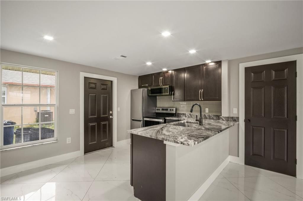 Interior, Kitchen, Marble, Recessed Lighting, Stainless Steel Appliances