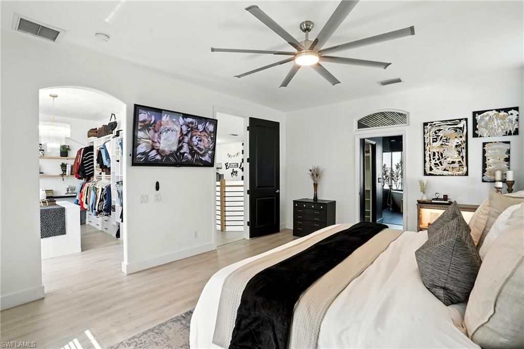 Bedroom, Chandelier, Interior, Wood Texture Flooring