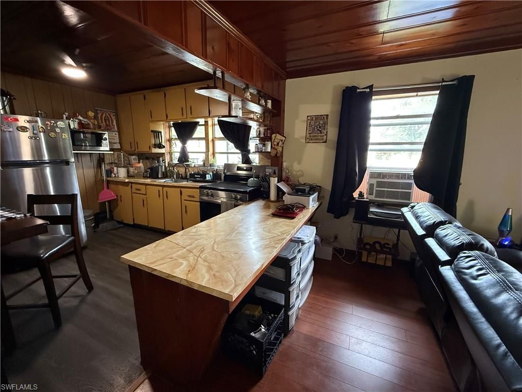 Interior, Kitchen, Recessed Lighting, Stainless Steel Appliances, Wooden Ceilings, Wood Texture Flooring