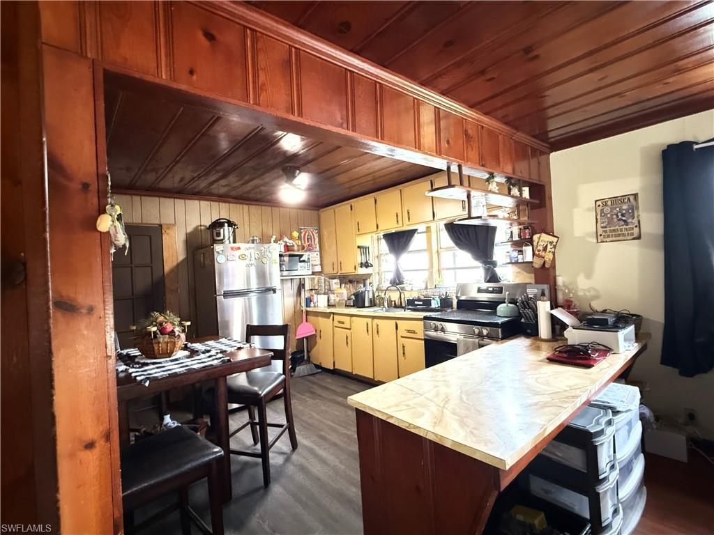 Interior, Kitchen, Stainless Steel Appliances, Wooden Ceilings, Wood Texture Flooring