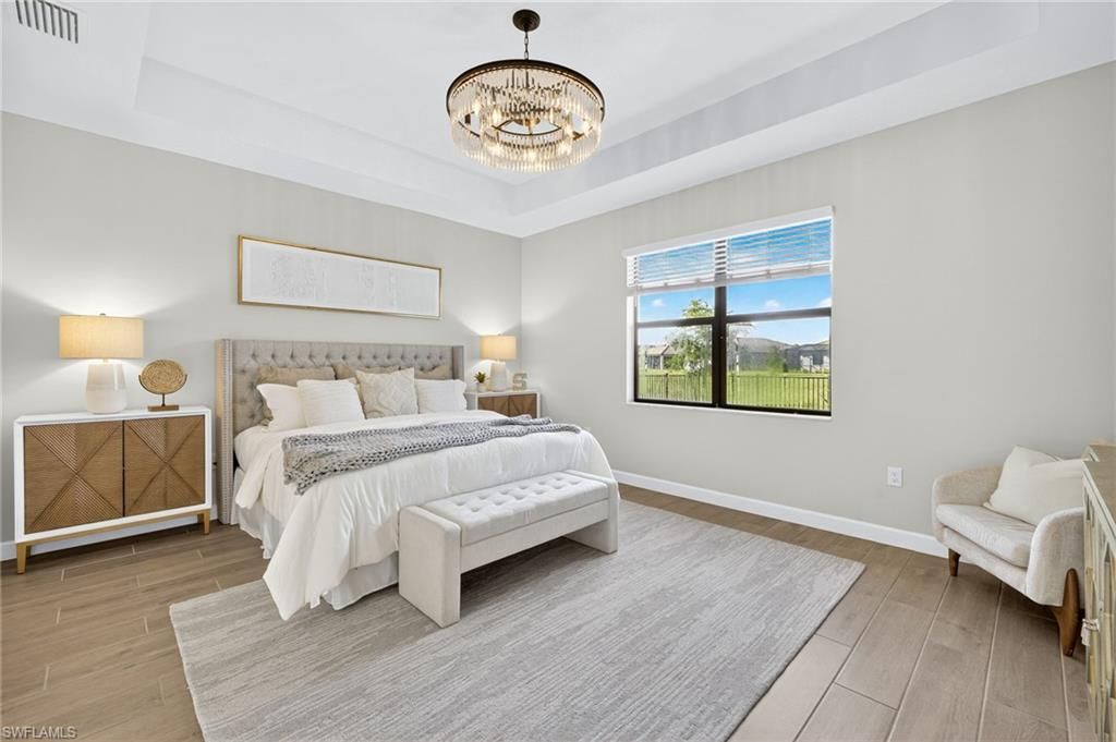 Bedroom, Chandelier, Interior, Wood Texture Flooring