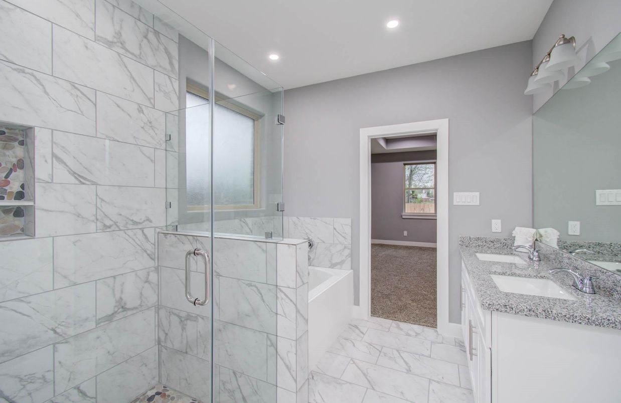 Bathroom, Glass Shower, Interior, Marble, Marble Walls, Recessed Lighting