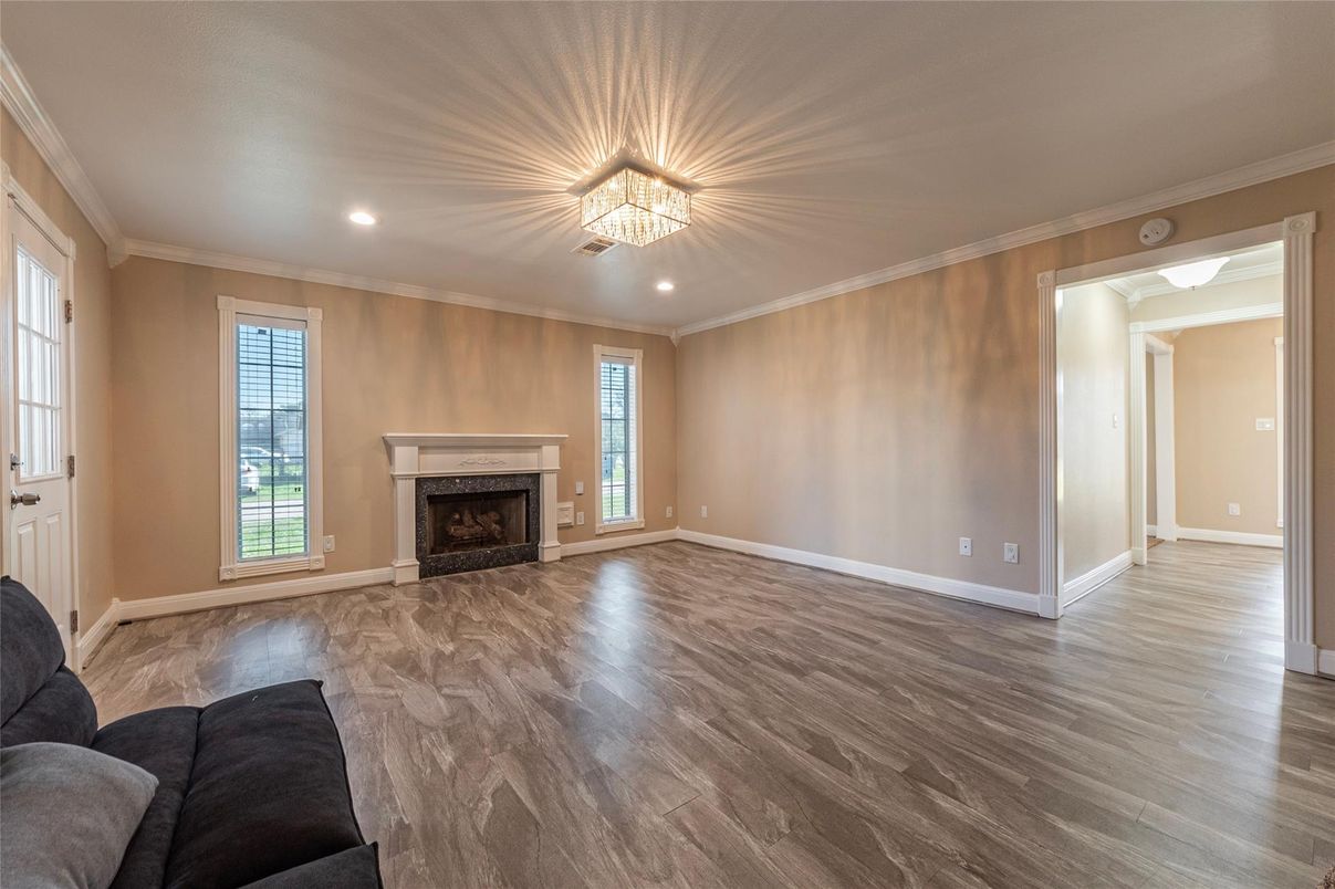 Empty room, Fireplace, Interior, Recessed Lighting, Wood Texture Flooring