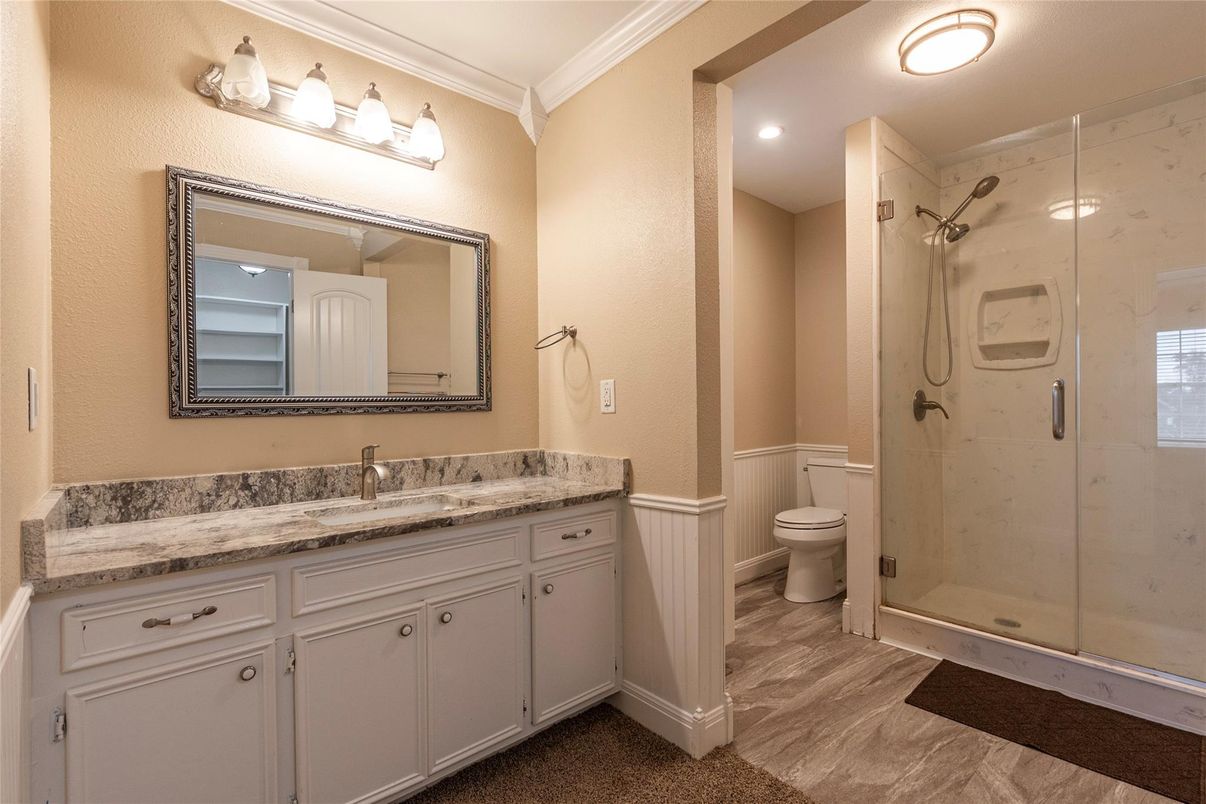 Bathroom, Glass Shower, Interior, Recessed Lighting, Wood Texture Flooring