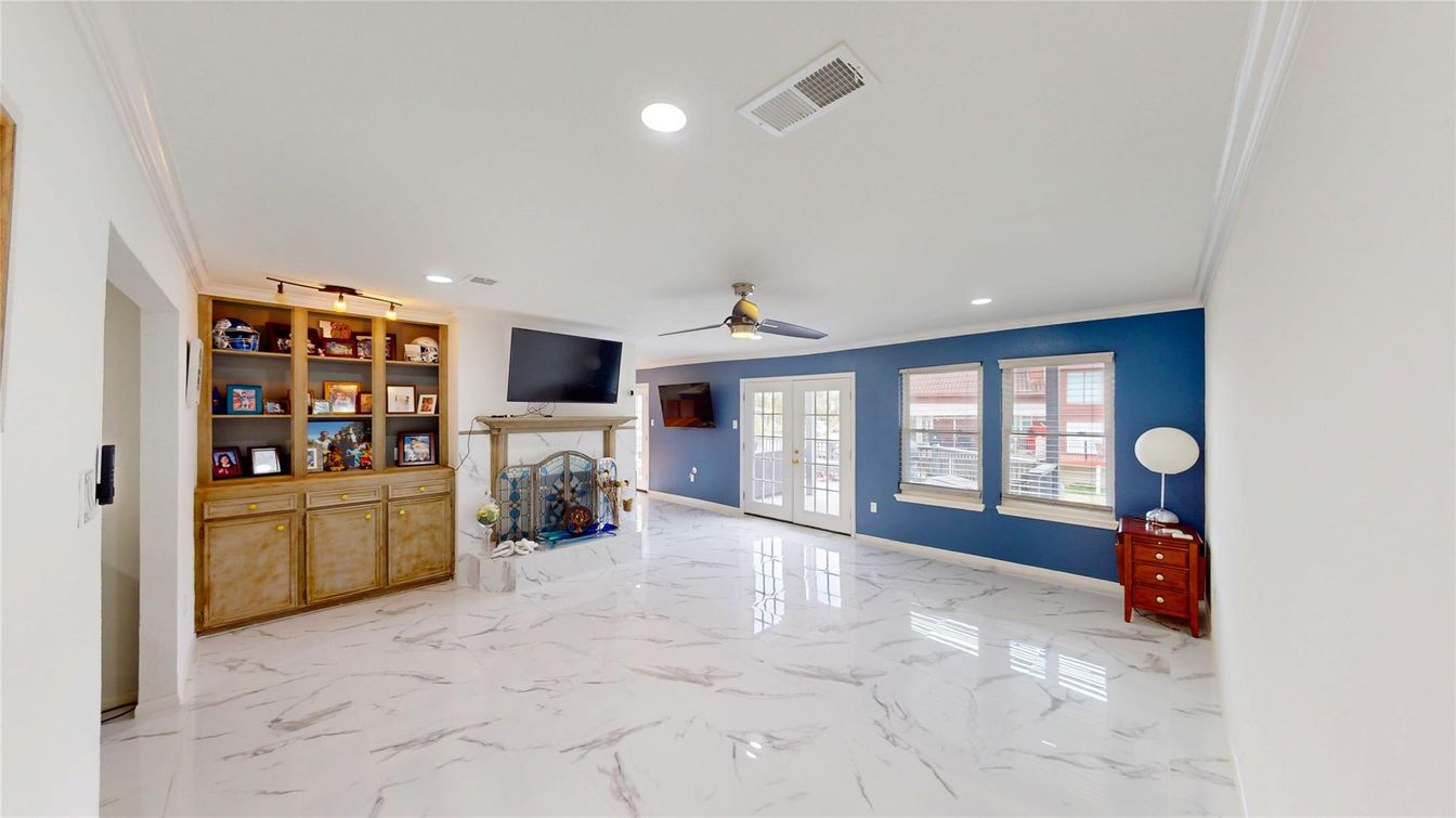 Empty room, Fireplace, Interior, Marble, Recessed Lighting