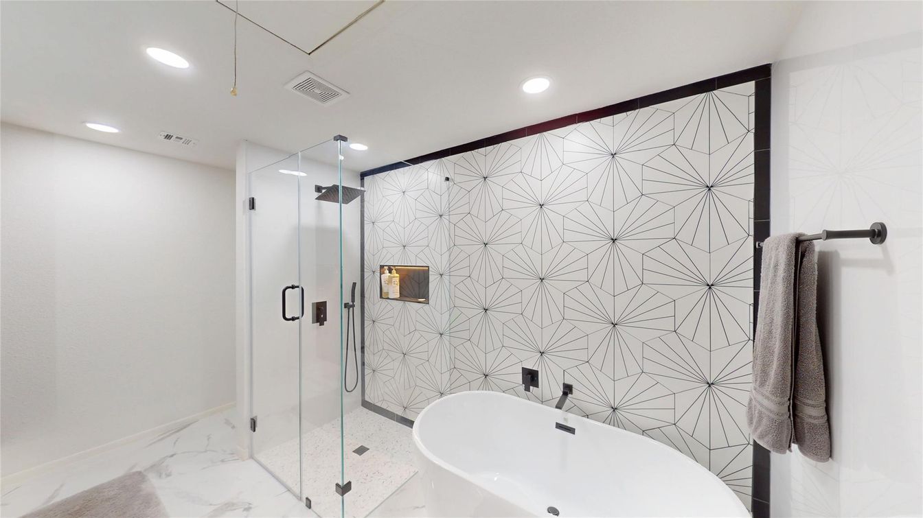 Bathroom, Glass Shower, Interior, Marble, Marble Walls, Recessed Lighting