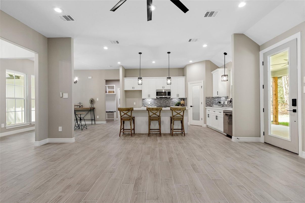 Interior, Kitchen, Pendant Lights, Recessed Lighting, Stainless Steel Appliances, Wood Texture Flooring
