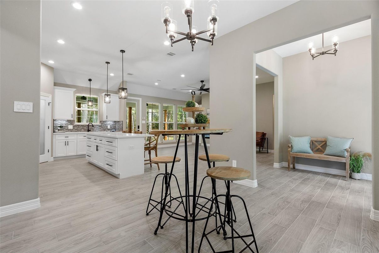Chandelier, Interior, Kitchen, Pendant Lights, Recessed Lighting, Wood Texture Flooring