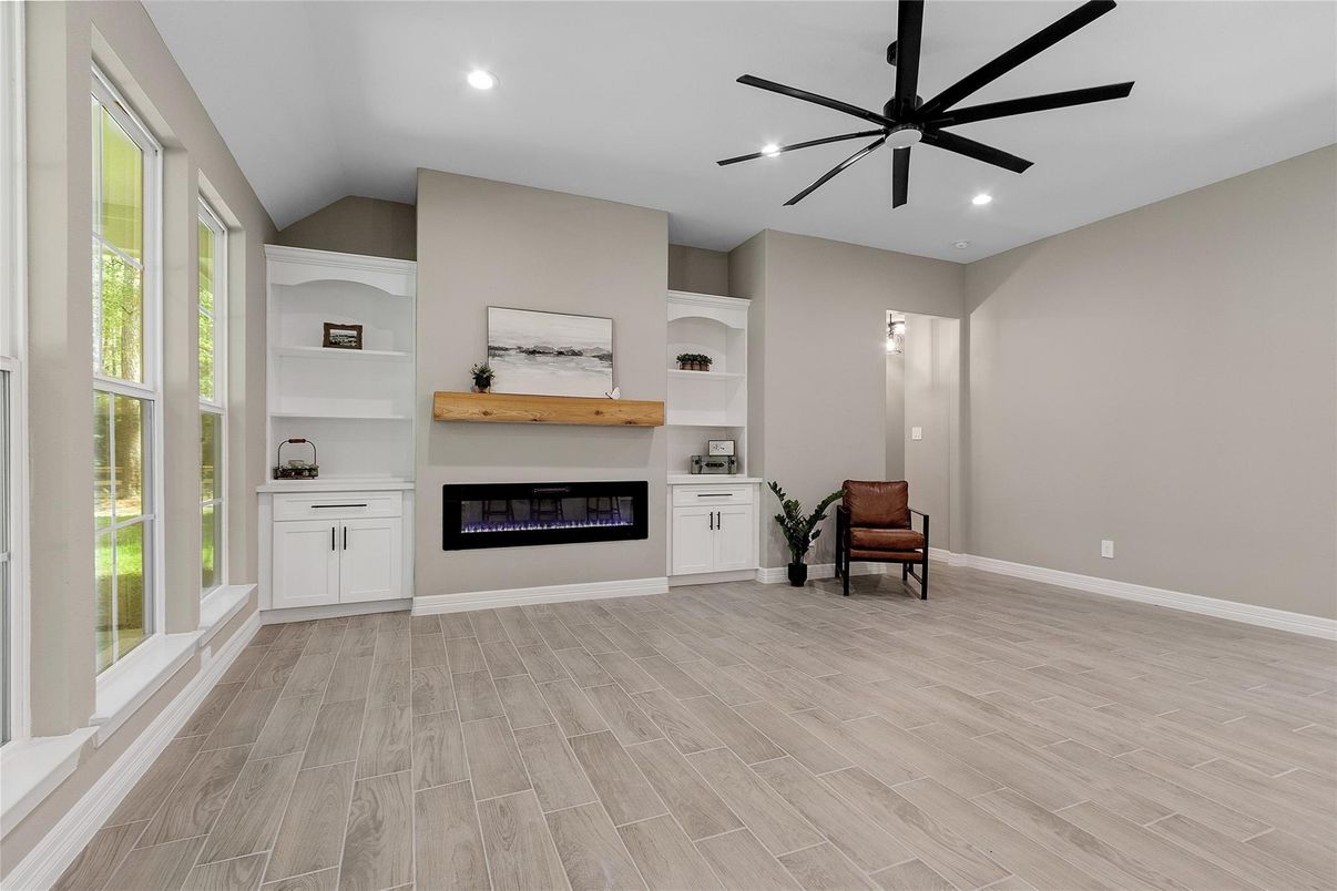 Fireplace, Interior, Recessed Lighting, Wood Texture Flooring