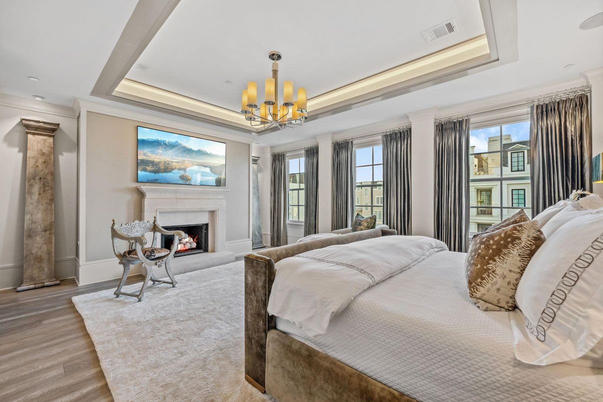 Bedroom, Chandelier, Fireplace, Interior, Pendant Lights, Recessed Lighting, Wood Texture Flooring