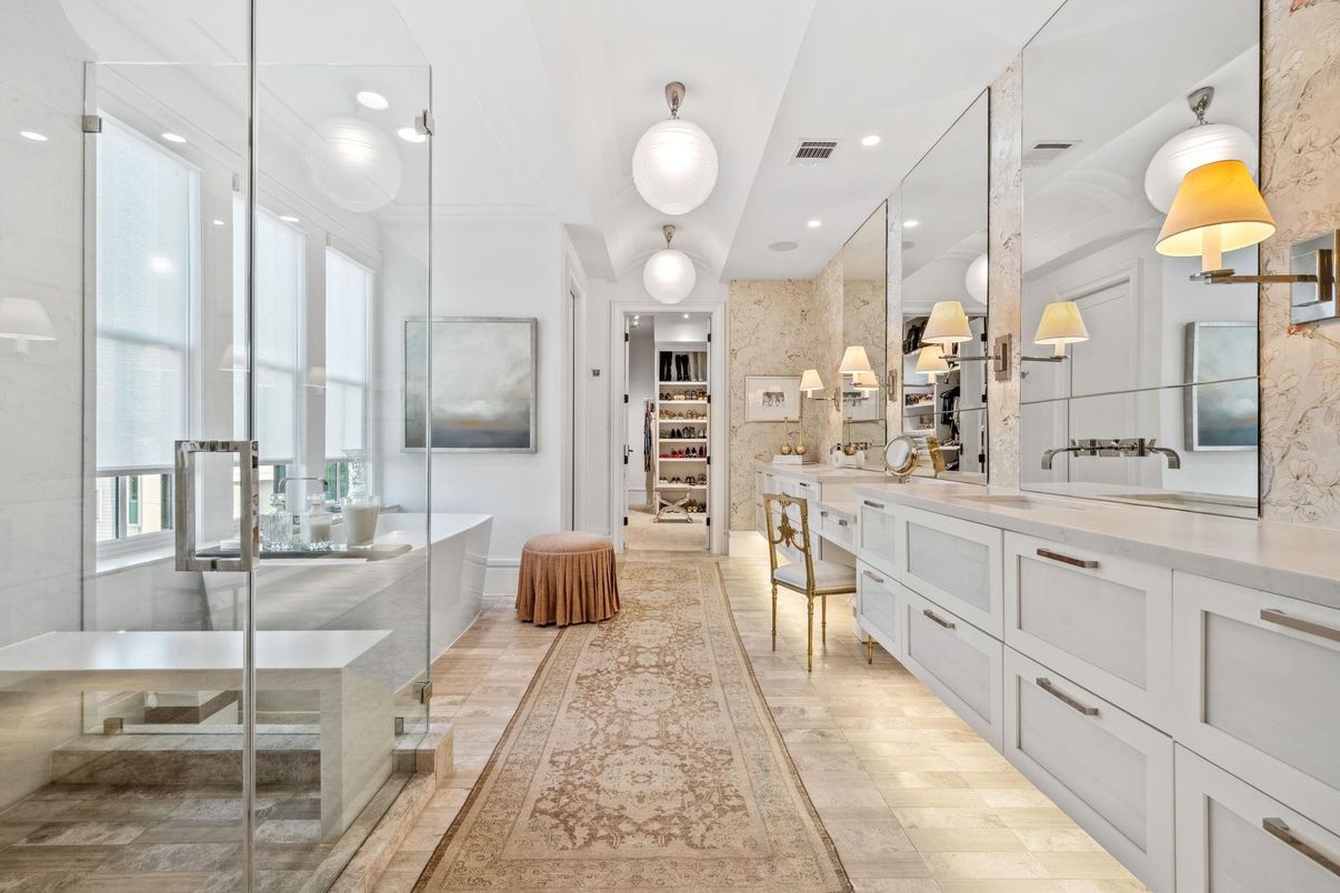 Bathroom, Dual Sink Vanities, Interior, Recessed Lighting, Wood Texture Flooring