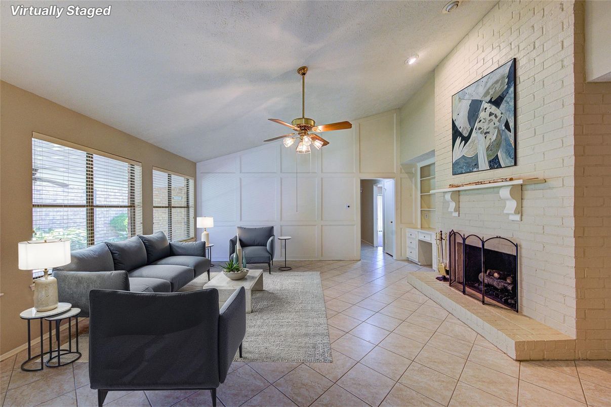 Fireplace, Interior, Living room, Recessed Lighting, Stone Walls