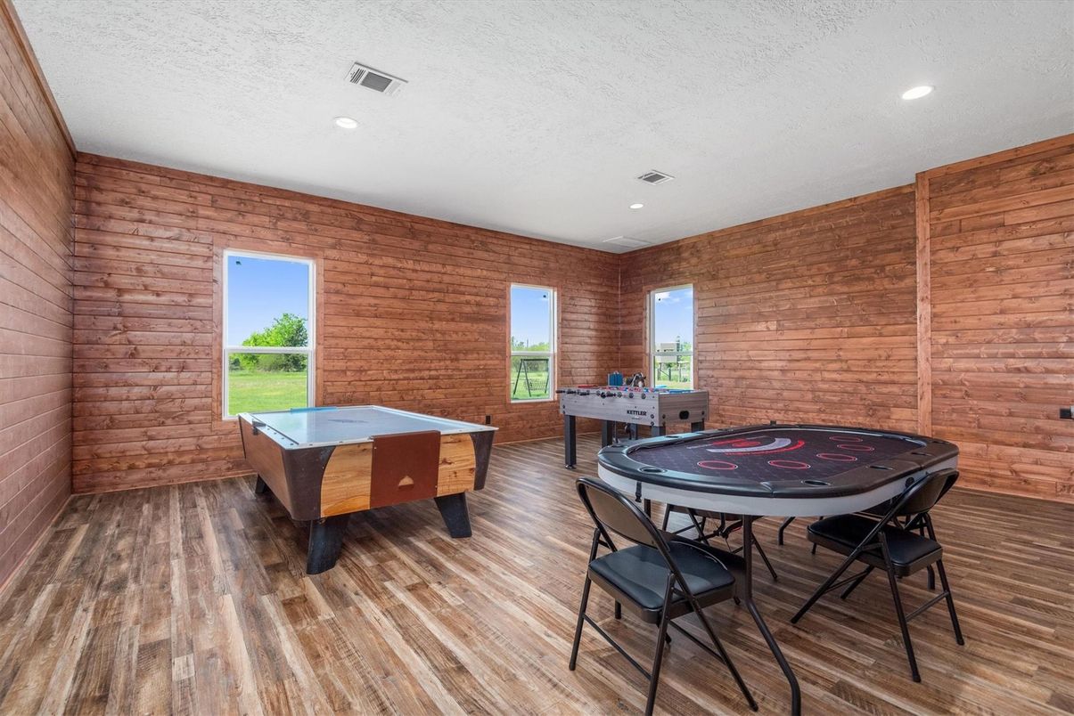 Game Room, Interior, Recessed Lighting, Wood Texture Flooring, Wooden Walls