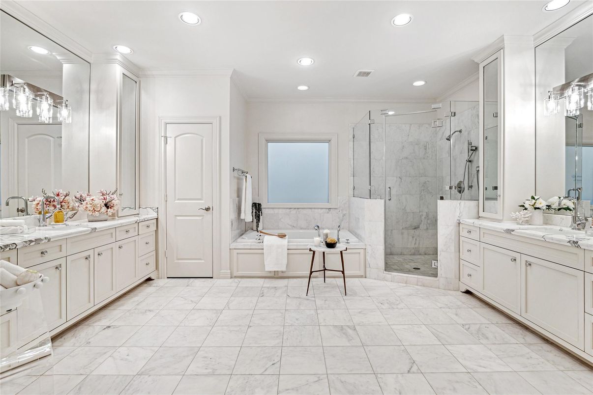Bathroom, Dual Sink Vanities, Glass Shower, Interior, Marble, Marble Walls, Recessed Lighting