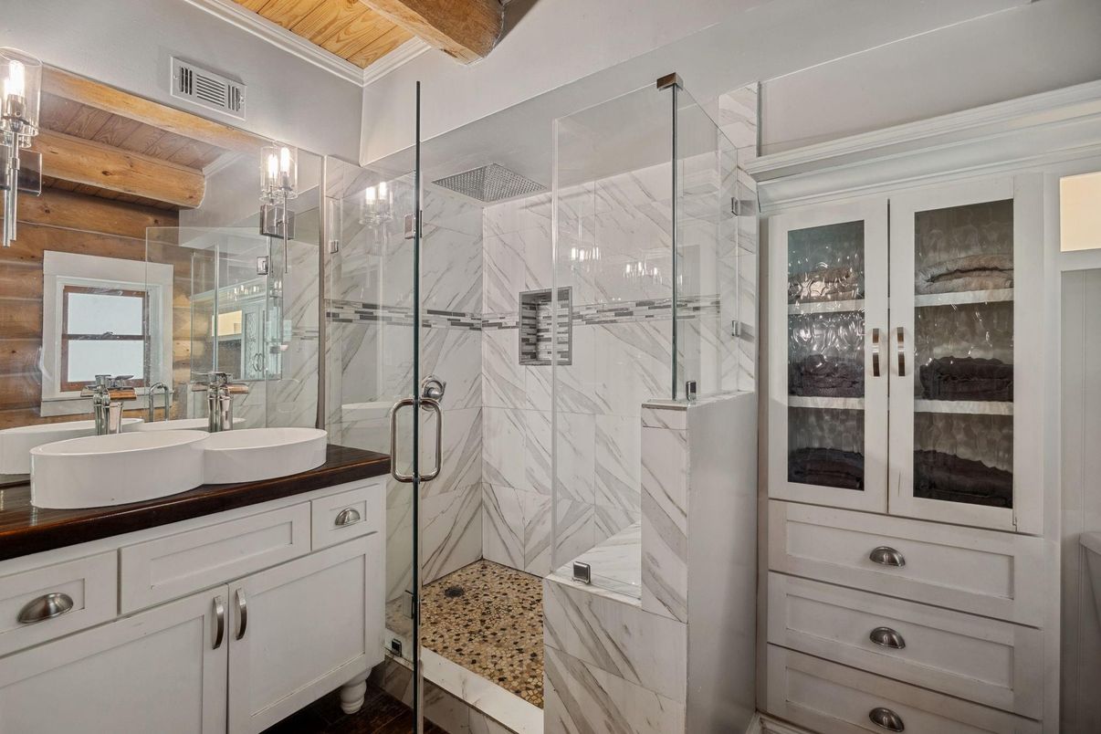 Bathroom, Glass Shower, Interior, Marble Walls, Wooden Beams, Wooden Ceilings