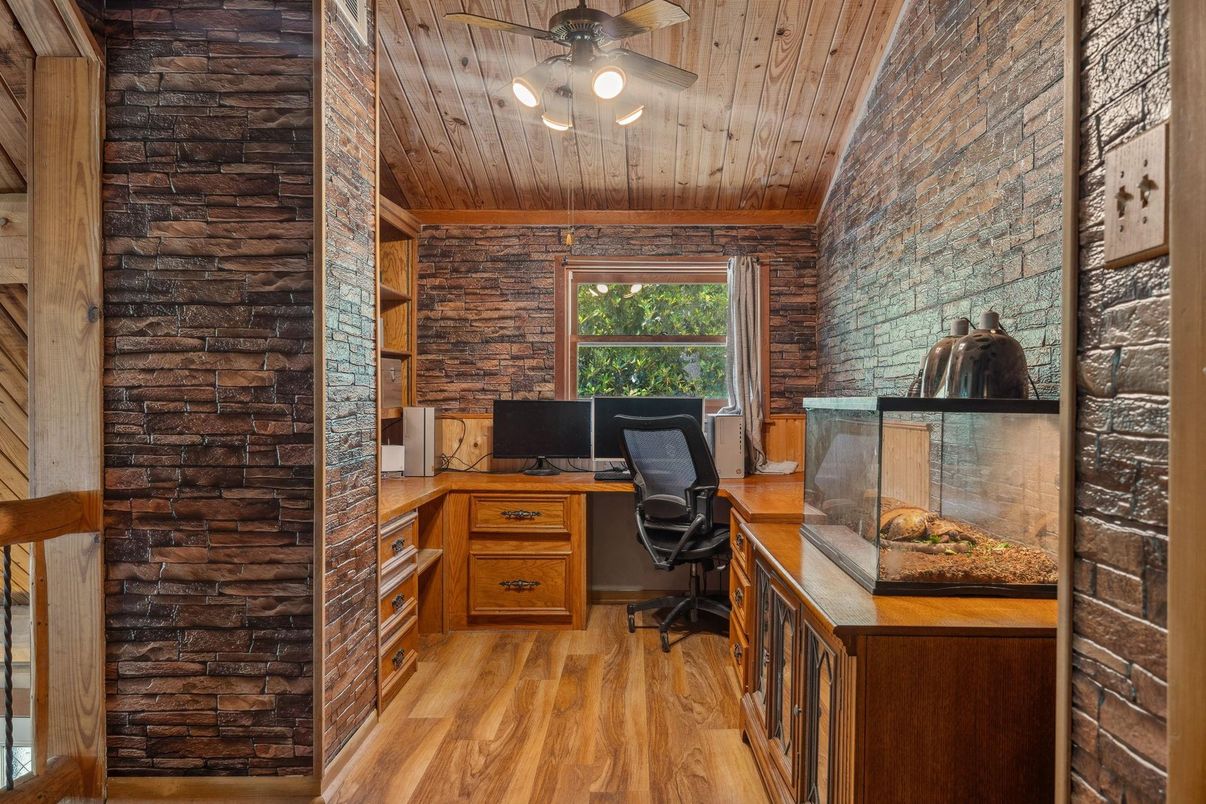 Home Office, Interior, Stone Walls, Wooden Ceilings, Wood Texture Flooring