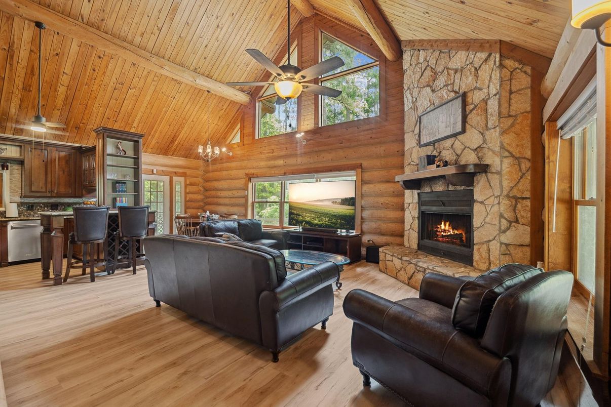 Fireplace, Interior, Kitchen, Living room, Stone Walls, Wooden Beams, Wooden Ceilings, Wood Texture Flooring, Wooden Walls